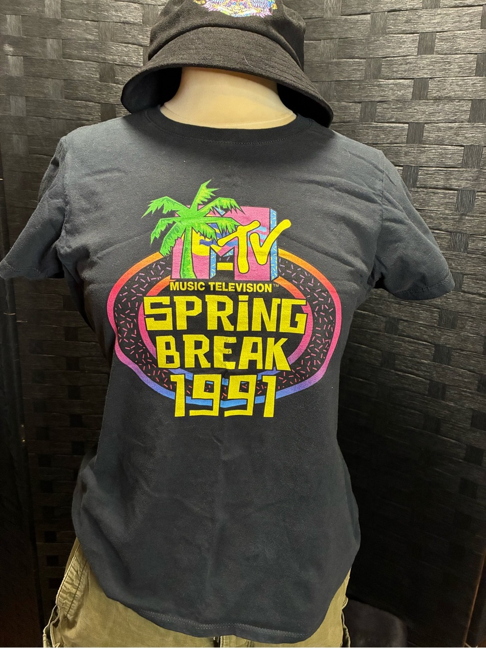 MTV Neon Palm Black Tee with Yellow, Pink and Green Graphics